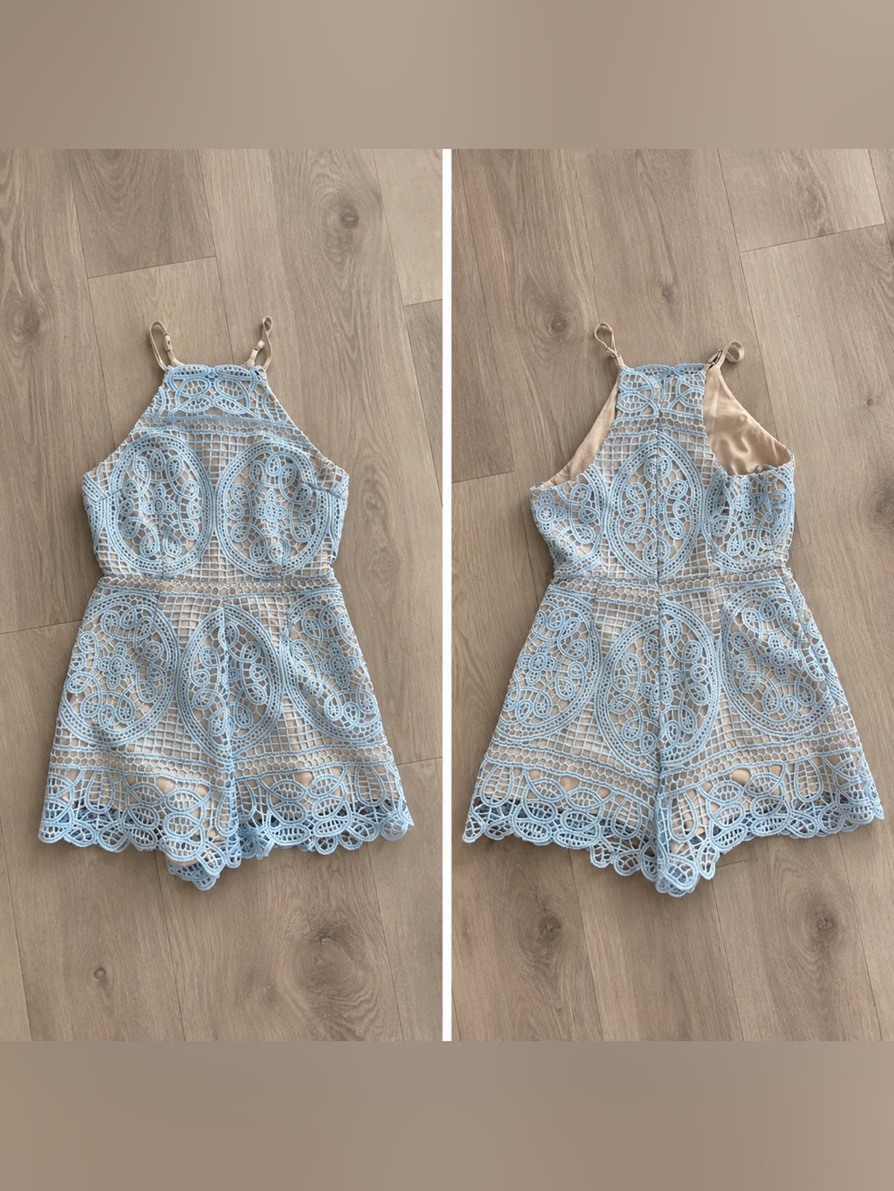 Women’s Blue Lace Overlay Romper with Nude Lining